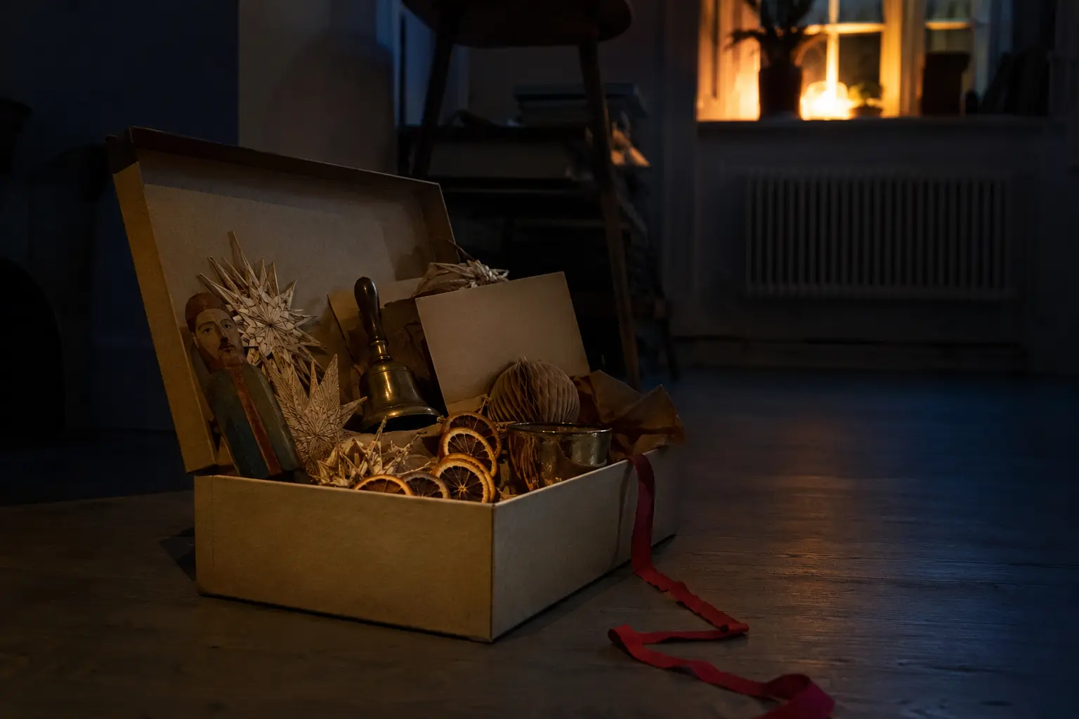 A plain archival box of worn handmade holiday objects with a narrow red ribbon trailing across a dark floor at night